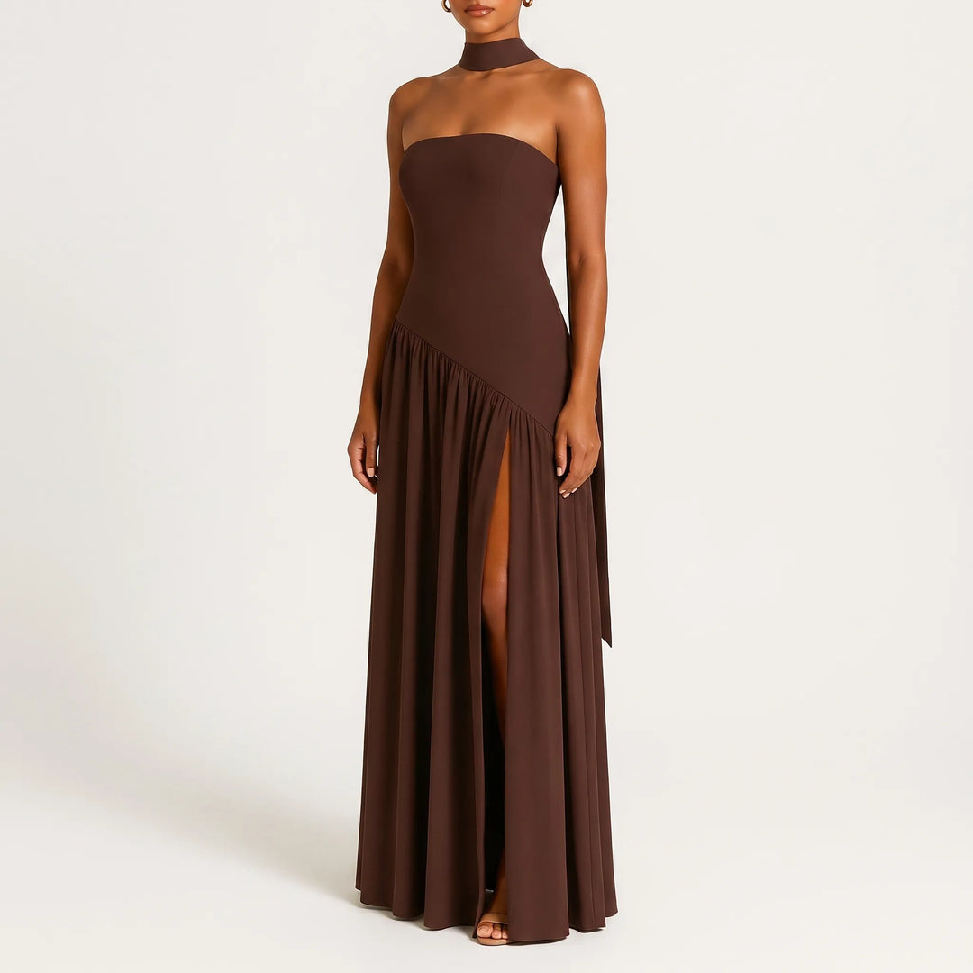 Women's Strapless Maxi Dress - High Slit with Choker Detail
