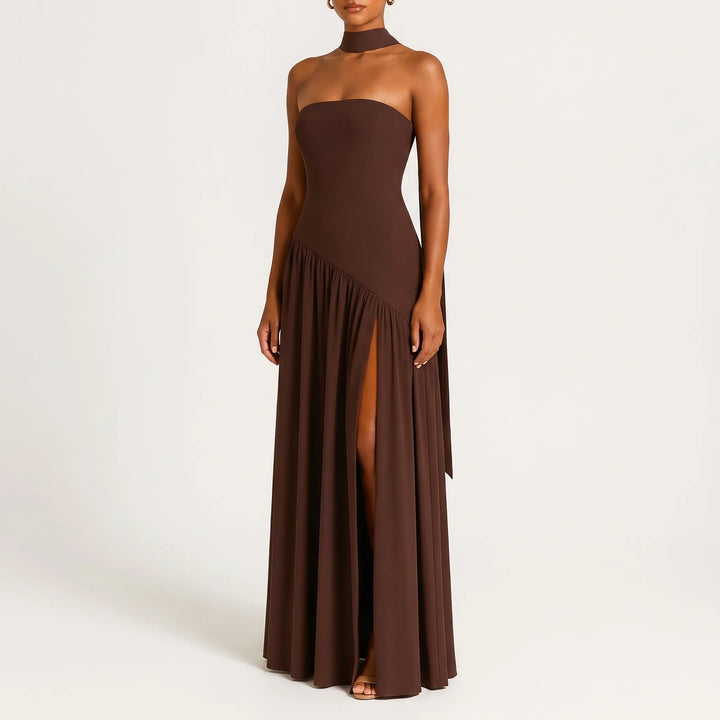 Women's Strapless Maxi Dress - High Slit with Choker Detail
