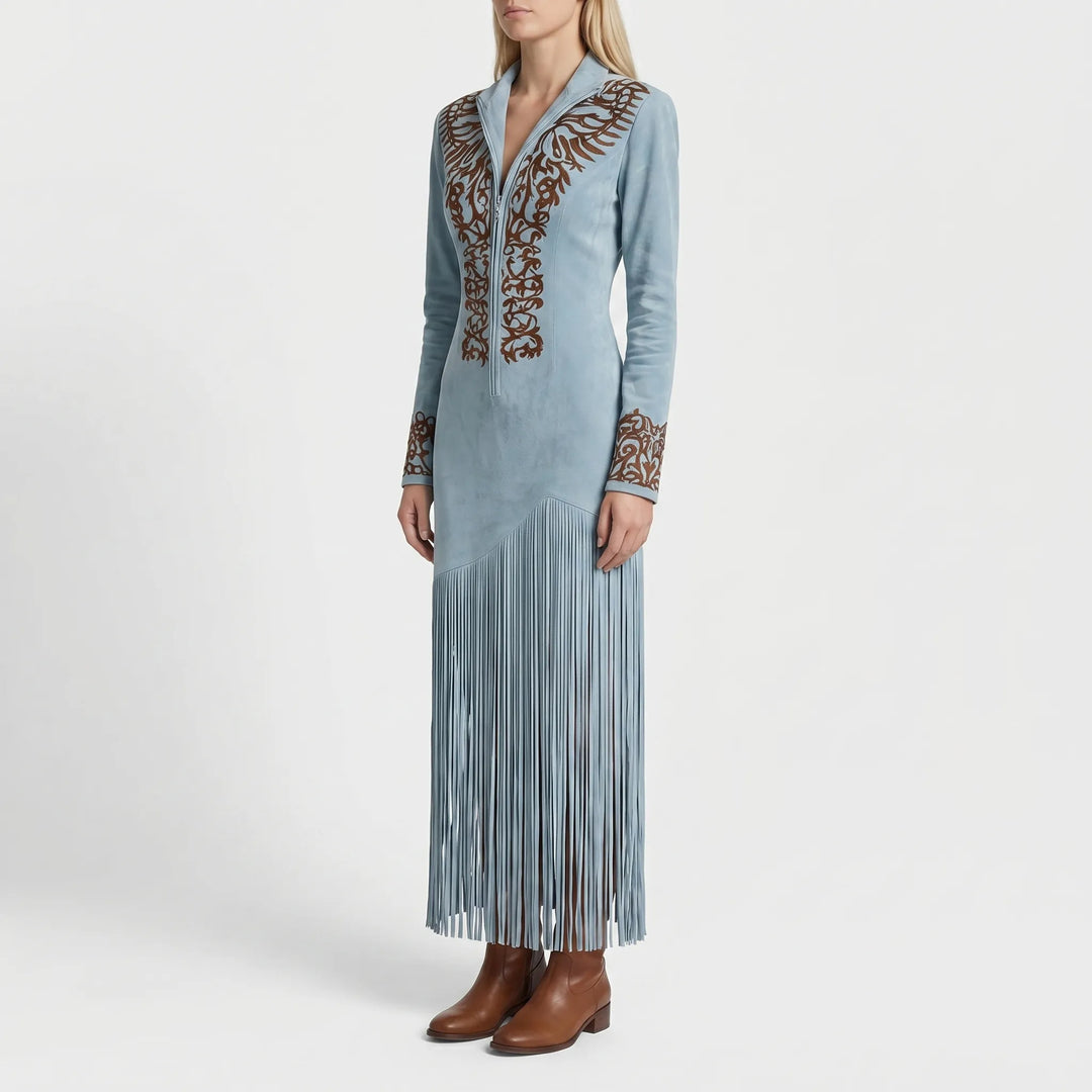 Women's Long Sleeve Maxi Dress - Fringe Hem with Embroidered Detail