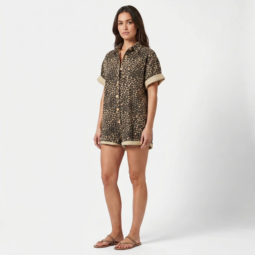Women's Leopard Print Romper - Shirt Style for Summer
