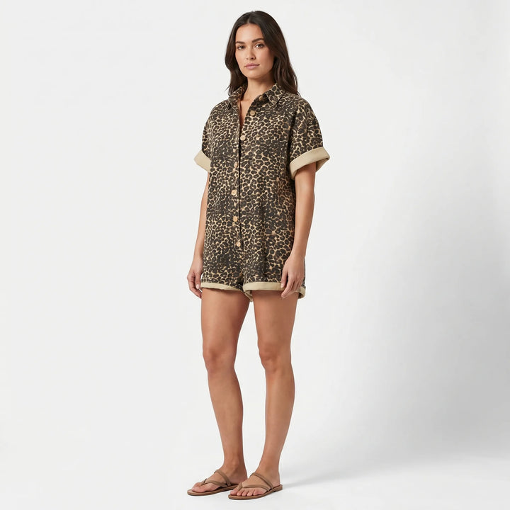 Women's Leopard Print Romper - Shirt Style for Summer