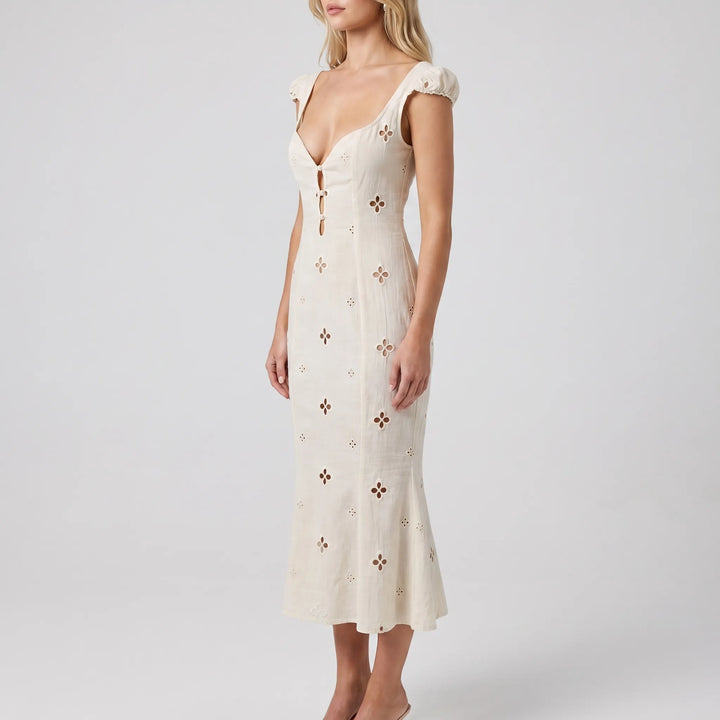 Women's Embroidered Midi Dress - Cap Sleeve for Wedding Guest