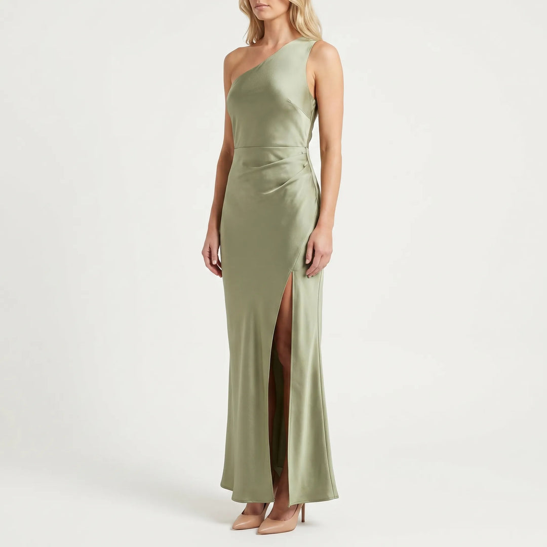 Women's One Shoulder Maxi Dress - Ruched with Side Slit