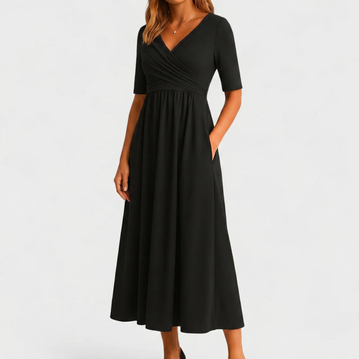 Women's V Neck Midi Dress - Wrap Bodice with Short Sleeve