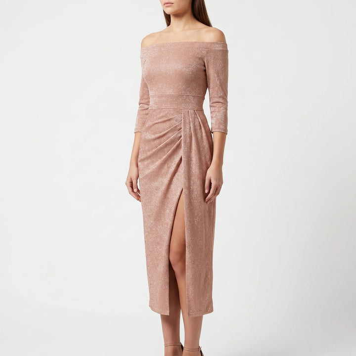 Women's Off Shoulder Midi Dress - Shimmer Bodycon for Evening