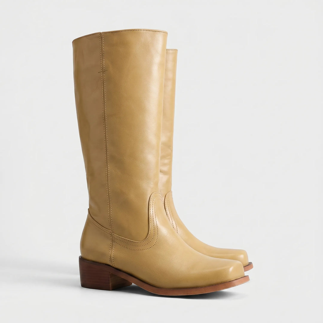 Women's Leather Knee High Boots - Stacked Heel with Square Toe