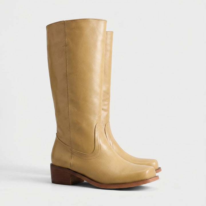 Women's Leather Knee High Boots - Stacked Heel with Square Toe