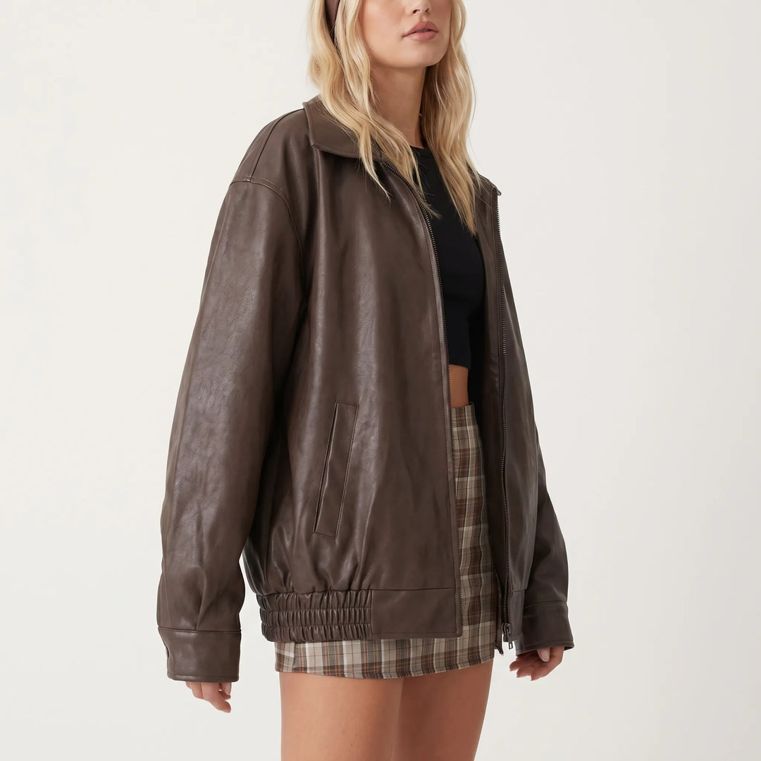 Women's Leather Bomber Jacket - Oversized with Zip Up