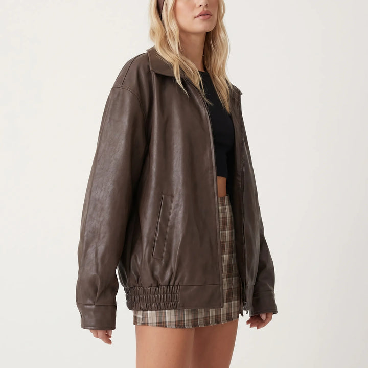 Women's Leather Bomber Jacket - Oversized with Zip Up