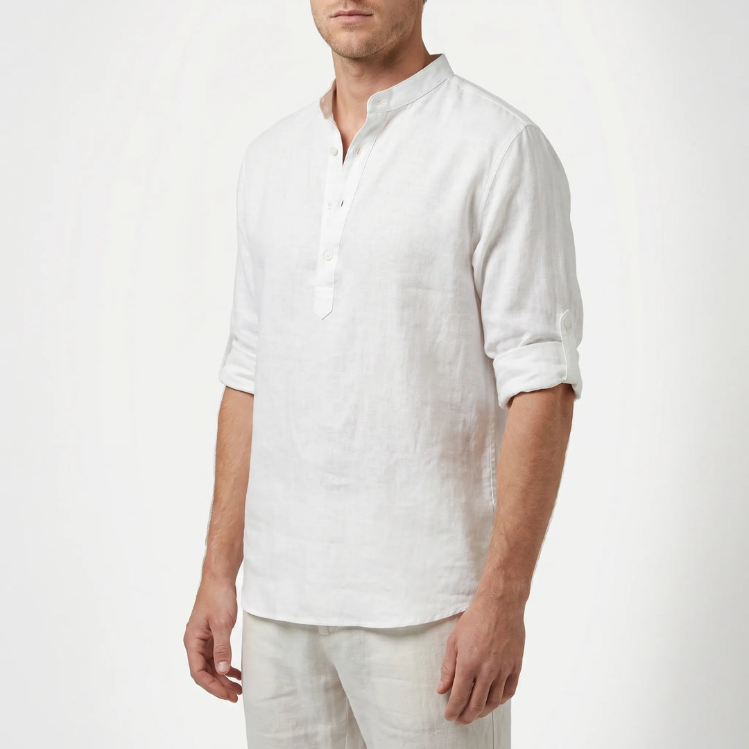 Men's Linen Henley Shirt - Casual Summer Beach Long Sleeve