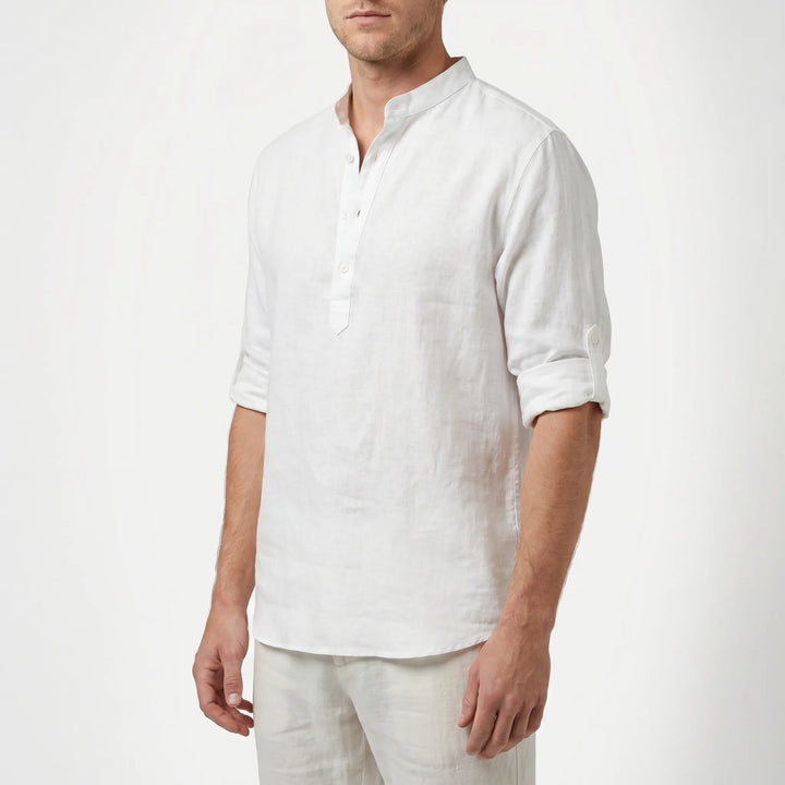 Men's Linen Henley Shirt - Casual Summer Beach Long Sleeve
