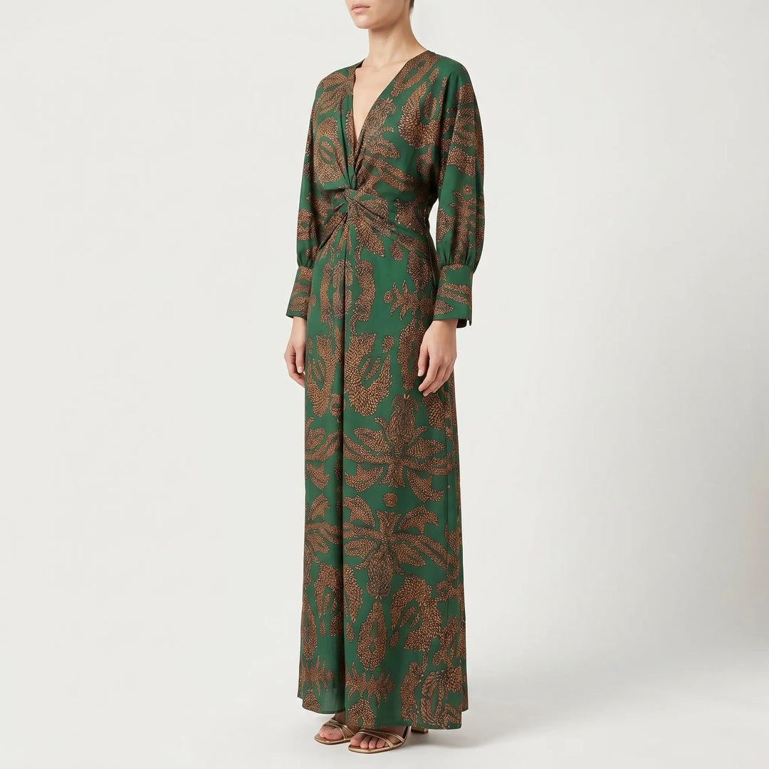 Women's Printed Maxi Dress - V Neck with Twist Waist