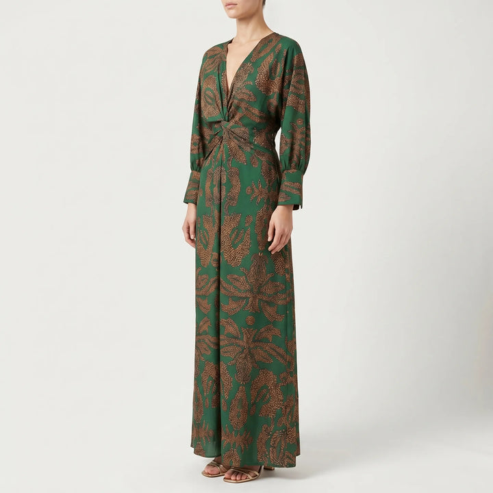 Women's Printed Maxi Dress - V Neck with Twist Waist