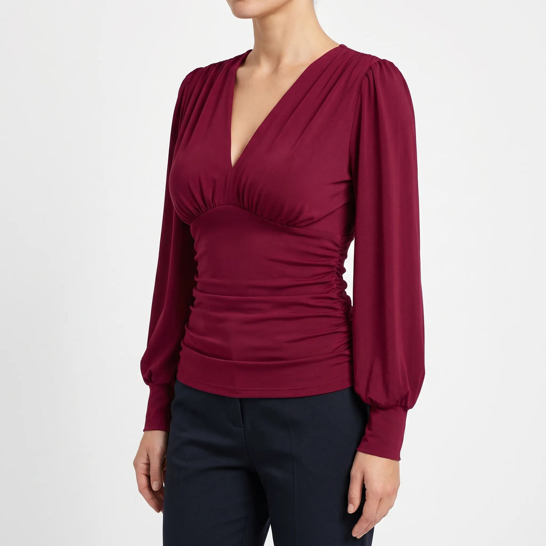 Women's Wrap V Neck Blouse - Dressy Ruched Waist Long Sleeve Top