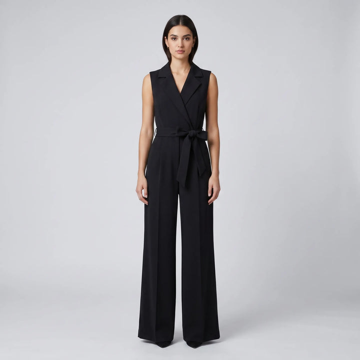 Women's V Neck Wrap Jumpsuit - Sleeveless with Wide Leg