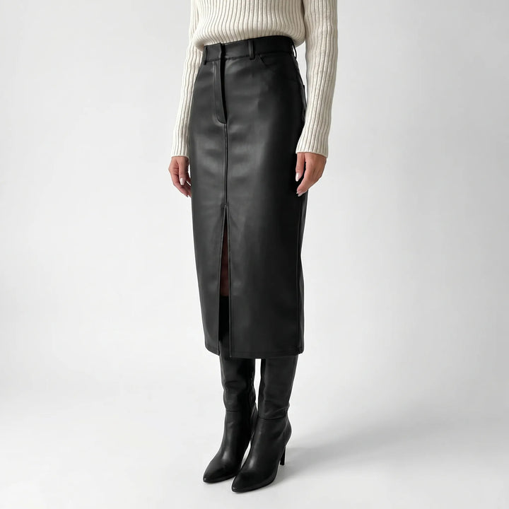Women's Pencil Midi Skirt - High Waist with Slit for Work