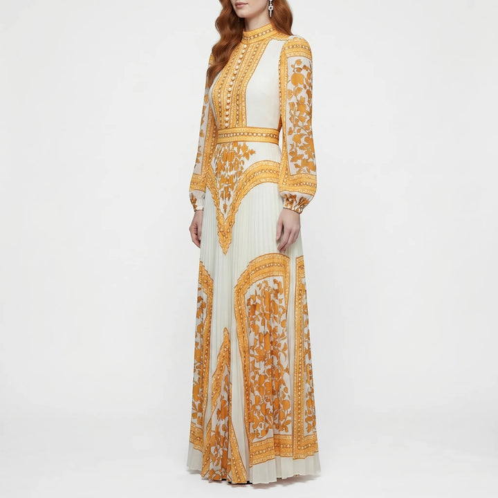 Women's Long Sleeve Pleated Maxi Dress - Formal Evening Gown