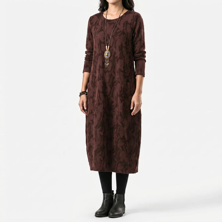 Women's Printed Midi Dress - Relaxed Fit with Long Sleeve