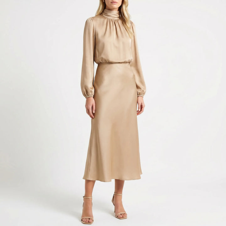 Women's Long Sleeve High Neck Midi Dress - Elegant Evening