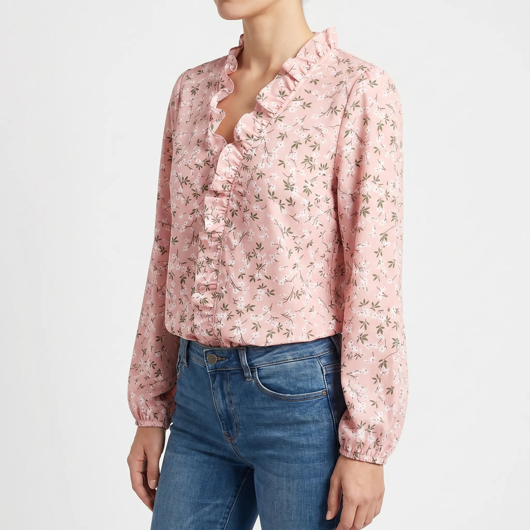 Women's Ruffle V Neck Blouse - Casual Floral Long Sleeve Summer Top