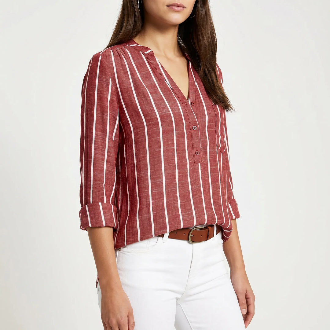 Women's Striped V Neck Blouse - Casual Summer Button Front