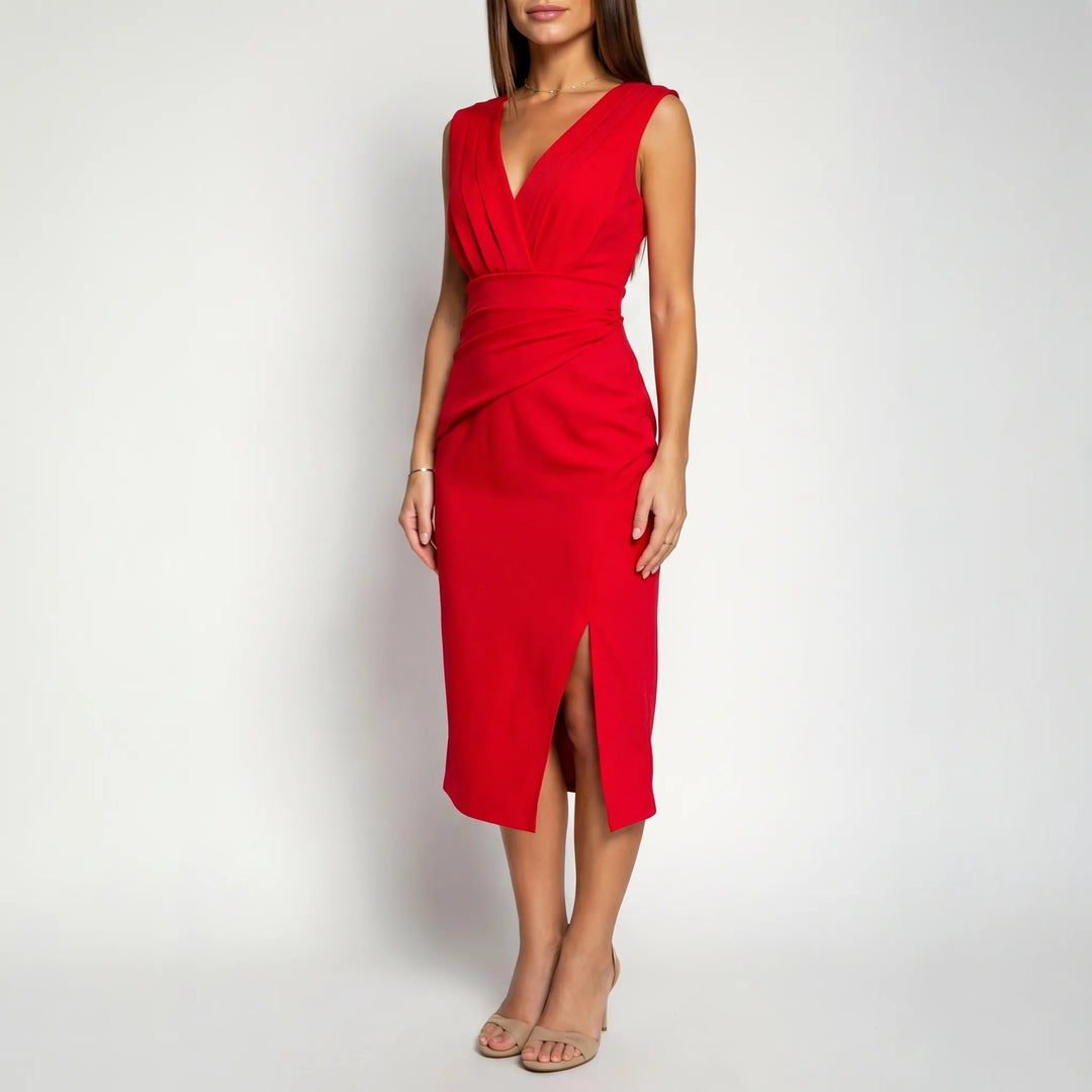 Women's V Neck Midi Dress - Formal Cocktail Party with Slit