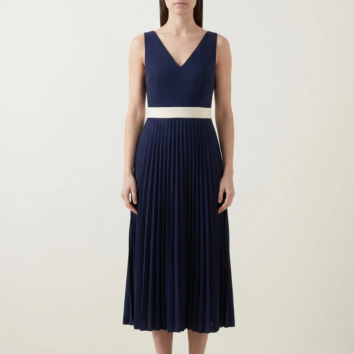 Women's Pleated Midi Dress - V Neck with Contrast Waist