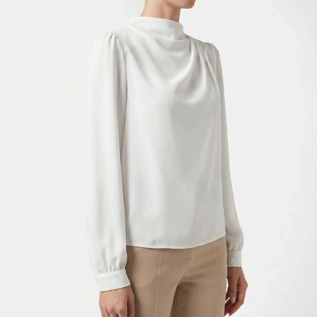 Women's Satin Draped Blouse - Elegant Long Sleeve Work Top