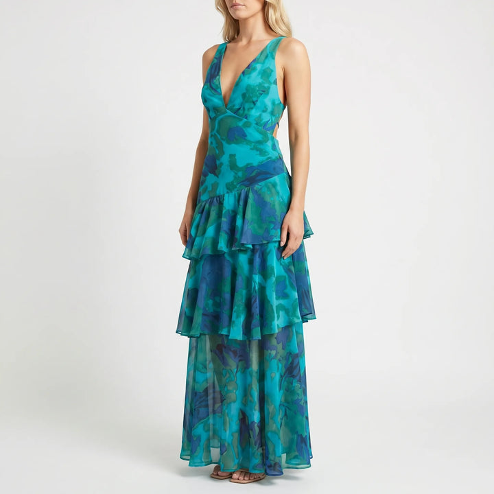 Women's Floral Maxi Dress - Tiered with V Neck for Evening