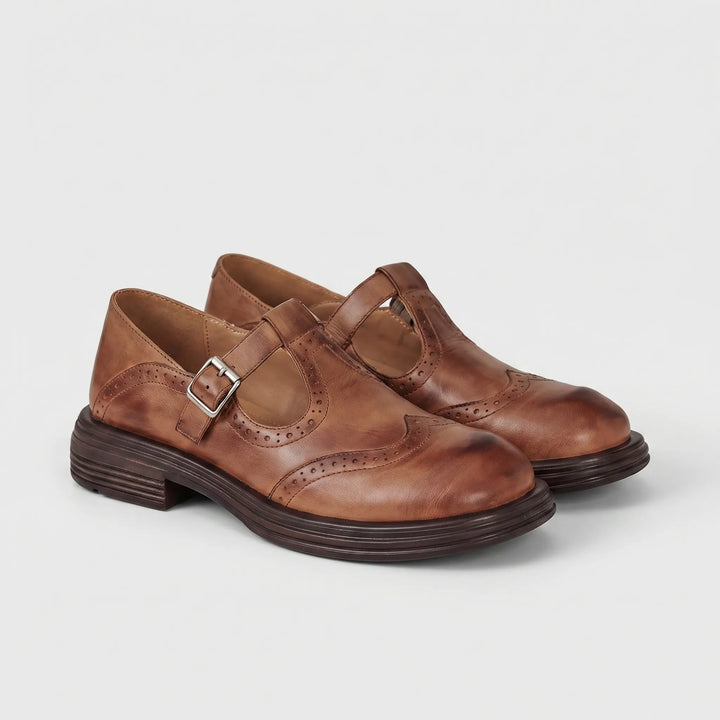 Women's Mary Jane Shoes - Brogue Detail with Buckle Strap