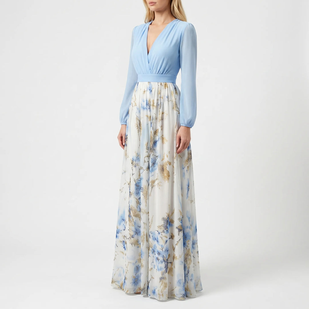 Women's Floral Maxi Dress - Long Sleeve with Contrast Bodice