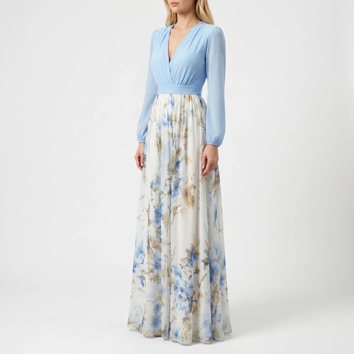 Women's Floral Maxi Dress - Long Sleeve with Contrast Bodice