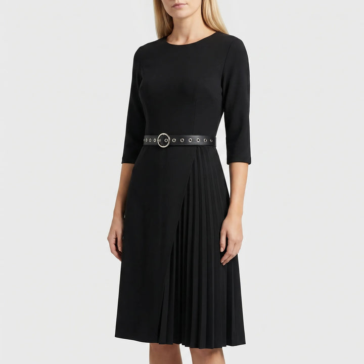 Women's Belted Midi Dress - Pleated Skirt with Round Neck