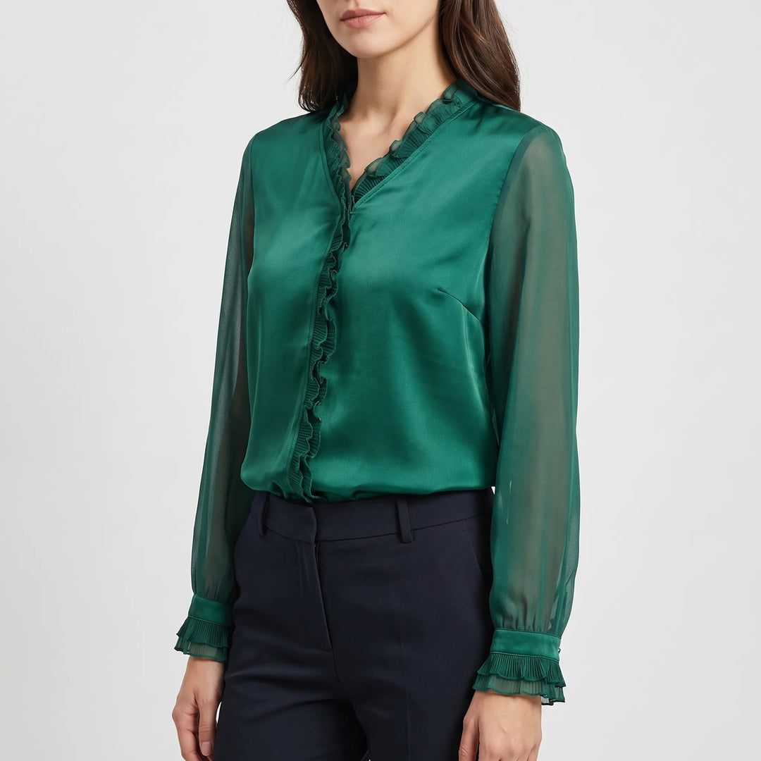 Women's Satin Ruffle Blouse - Elegant Sheer Long Sleeve Work Top