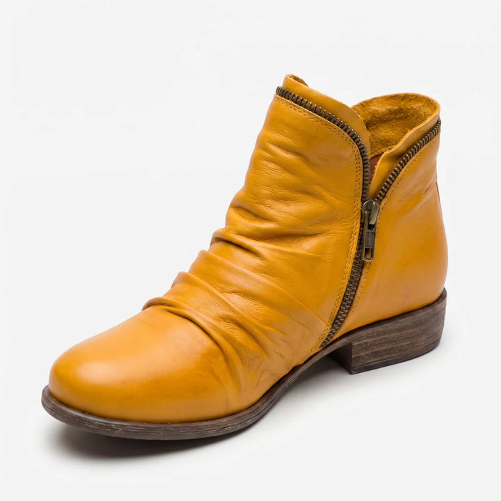 Women's Leather Ankle Boots - Zip Up with Ruched Detail