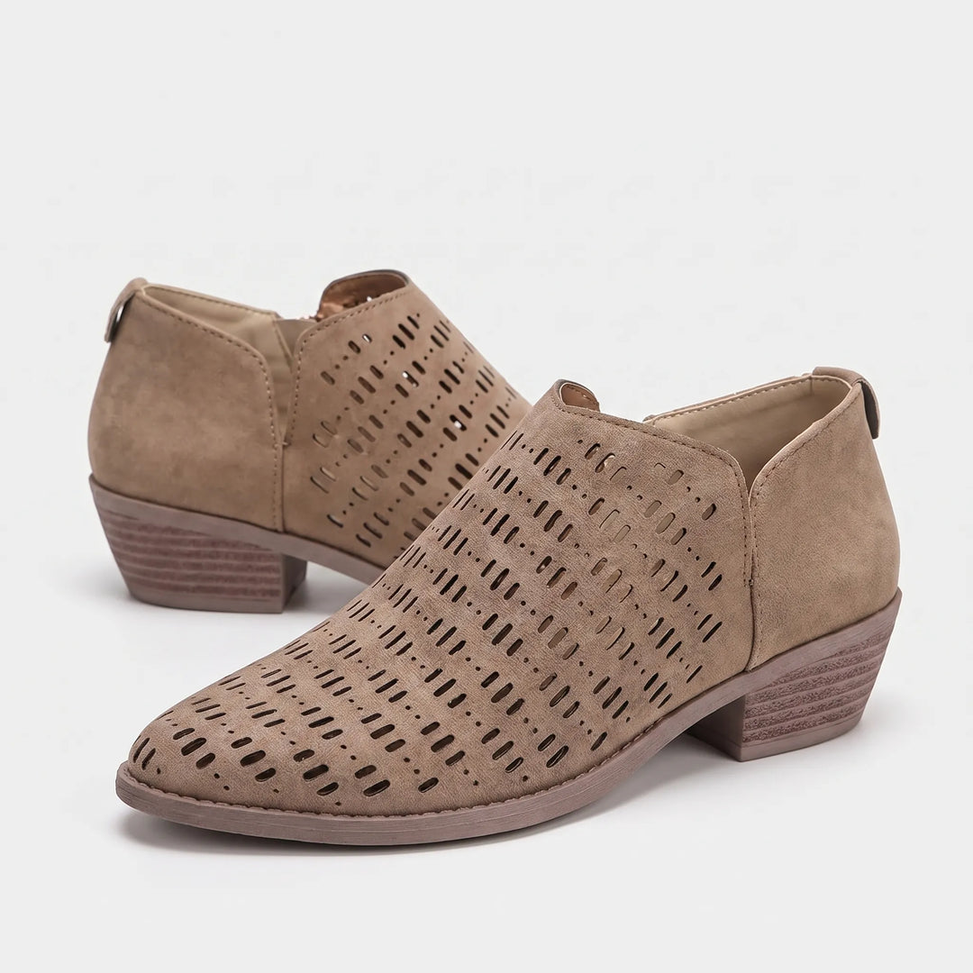 Women's Cutout Ankle Boots - Low Heel with Side Zip for Summer