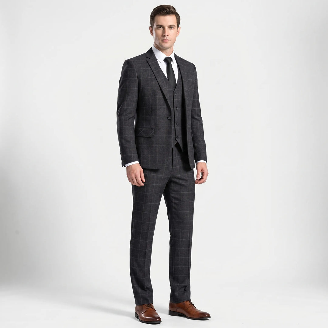 Men's Windowpane 3 Piece Plaid Suit - Blazer Vest and Pants for Work
