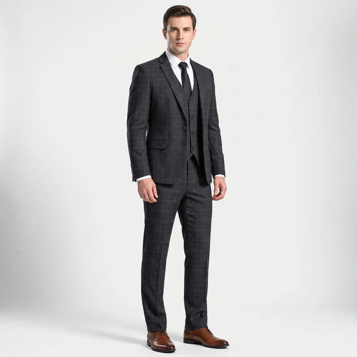 Men's Windowpane 3 Piece Plaid Suit - Blazer Vest and Pants for Work