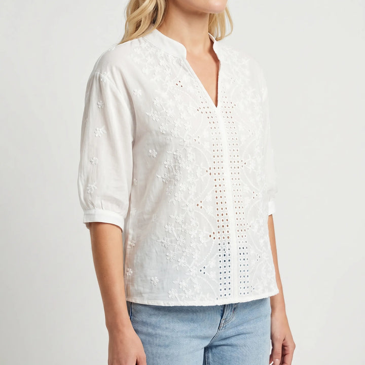 Women's Summer V Neck Blouse - Embroidered Eyelet Puff Sleeve Top