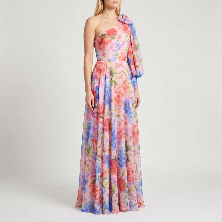 Women's One Shoulder Maxi Dress - Floral with High Slit