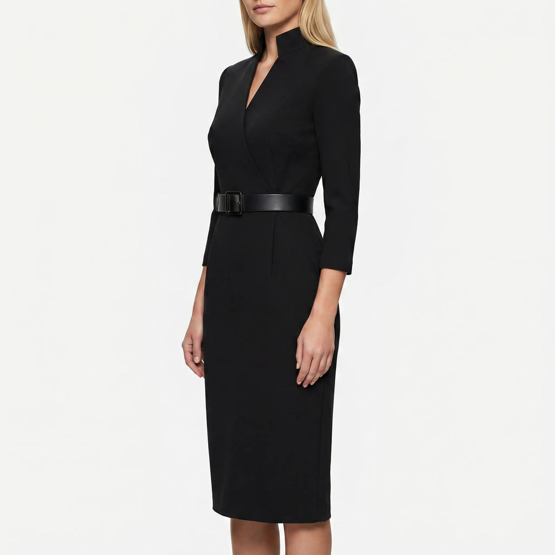 Women's Belted Sheath Midi Dress - Long Sleeve Bodycon with Pockets