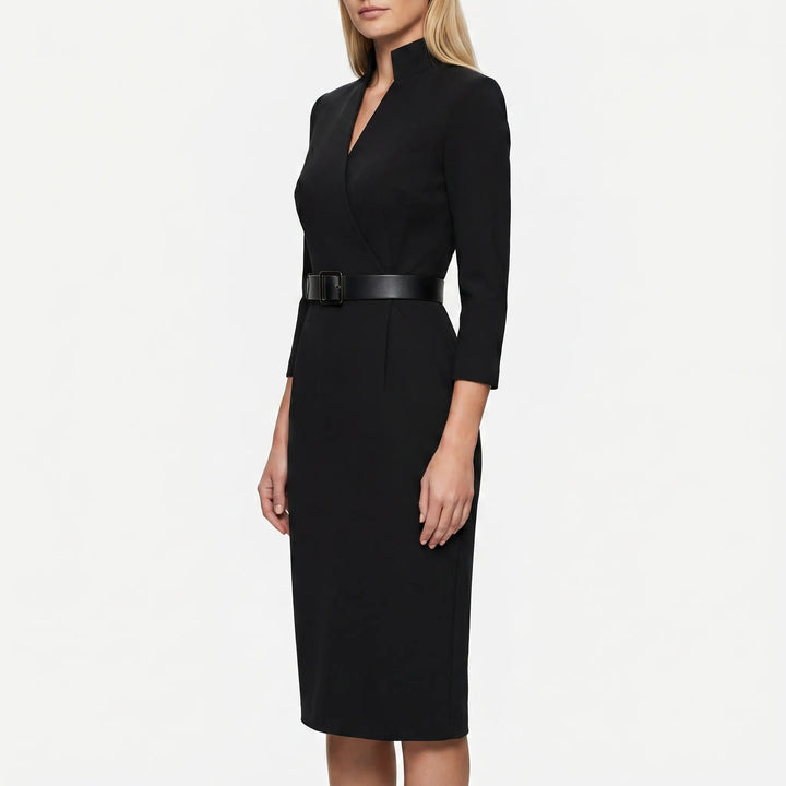 Women's Belted Sheath Midi Dress - Long Sleeve Bodycon with Pockets