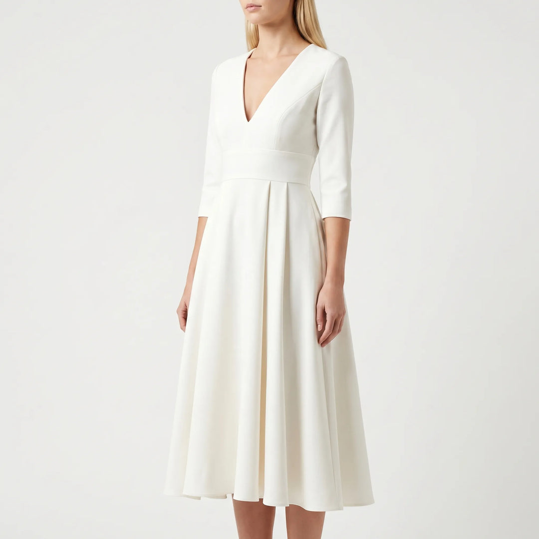 Women's Flared Midi Dress - Elegant V Neck for Wedding Guest