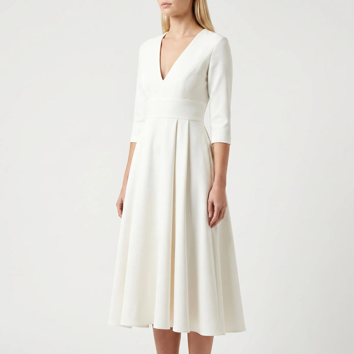 Women's Flared Midi Dress - Elegant V Neck for Wedding Guest