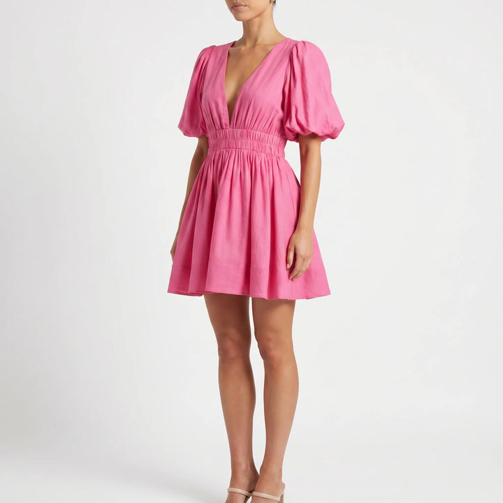 Women's Puff Sleeve Mini Dress - V Neck with Shirred Waist