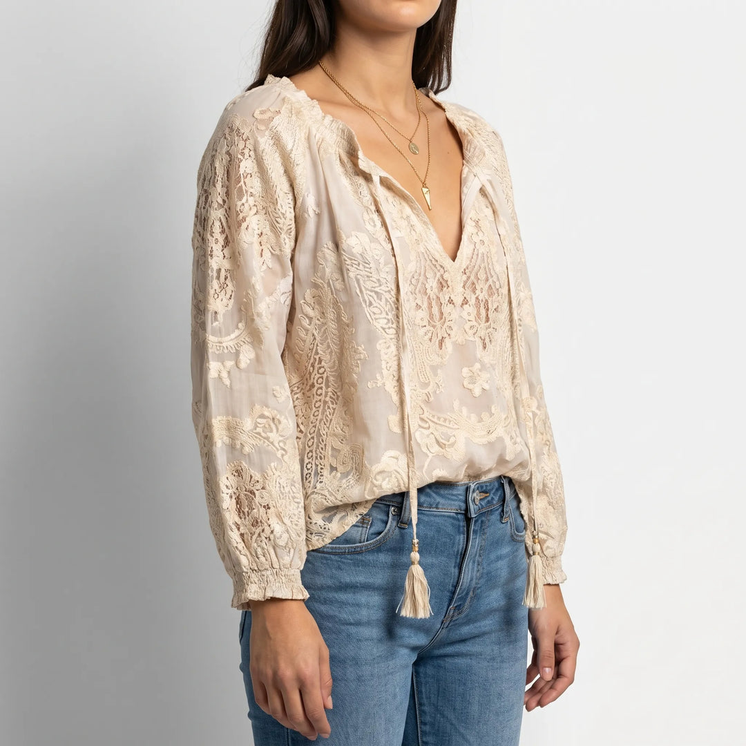 Women's Boho Lace Blouse - Casual Sheer V Neck Long Sleeve Summer Top