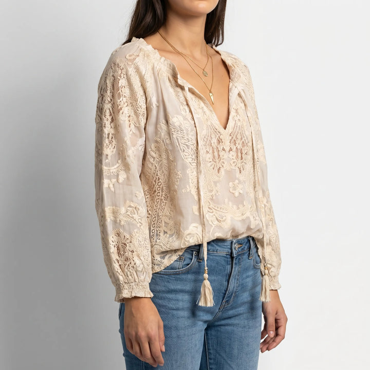 Women's Boho Lace Blouse - Casual Sheer V Neck Long Sleeve Summer Top