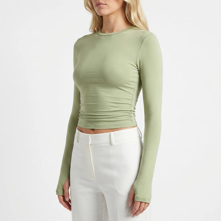 Women's Long Sleeve Crop Top - Ruched Fitted Tee for Summer