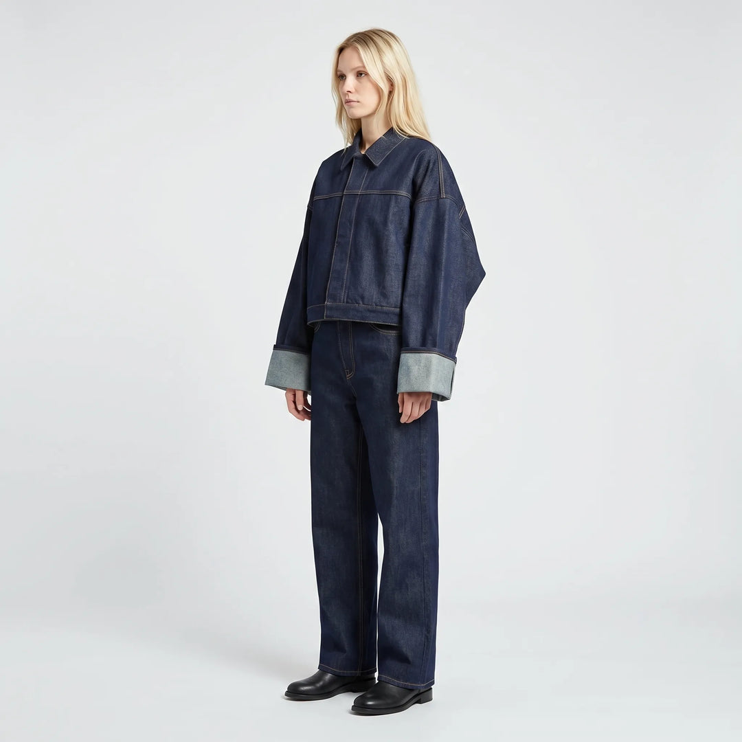 Women's Denim Jacket and Pants Set - Cropped with Wide Leg