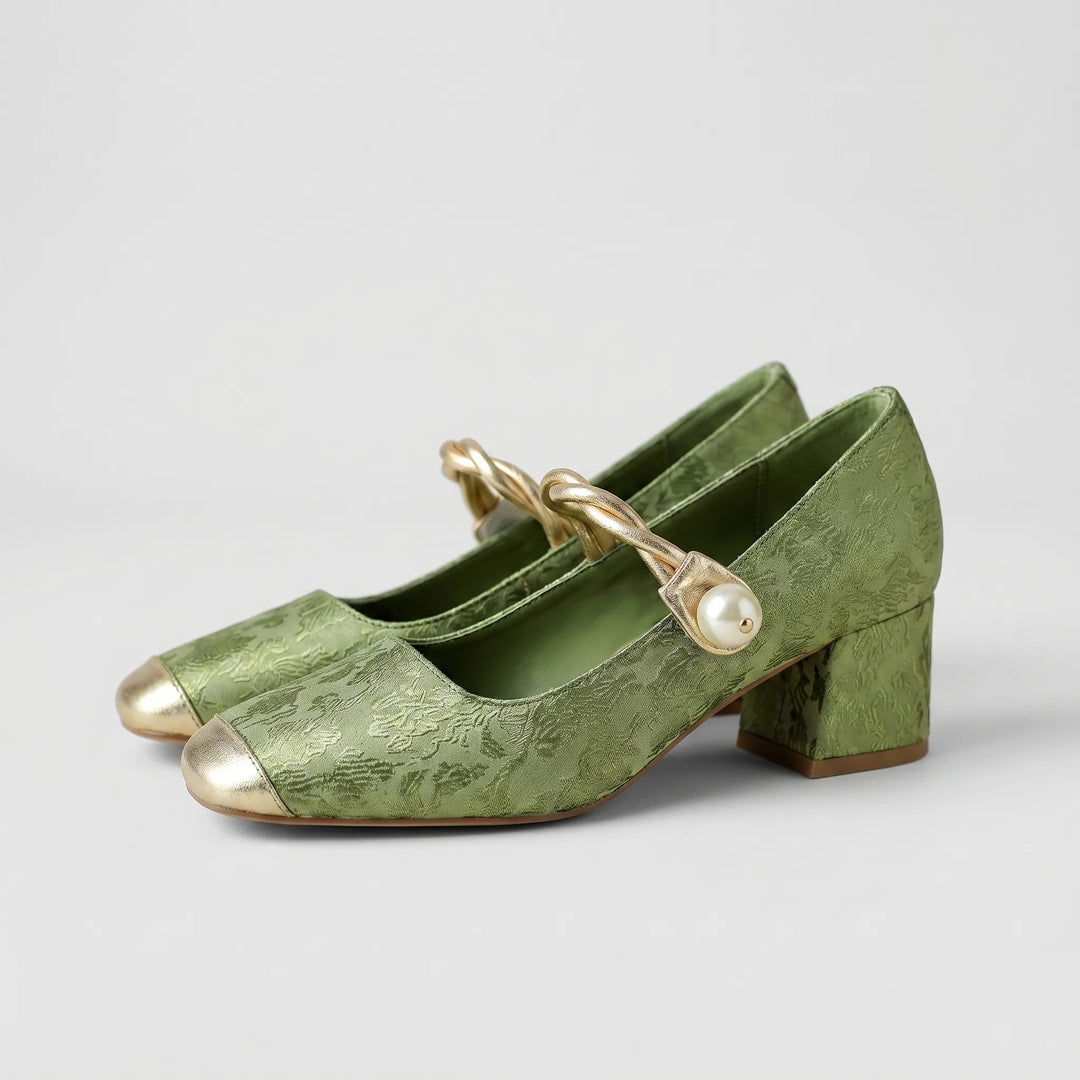 Women's Elegant Pearl Strap Block Heels - Cap Toe for Occasion
